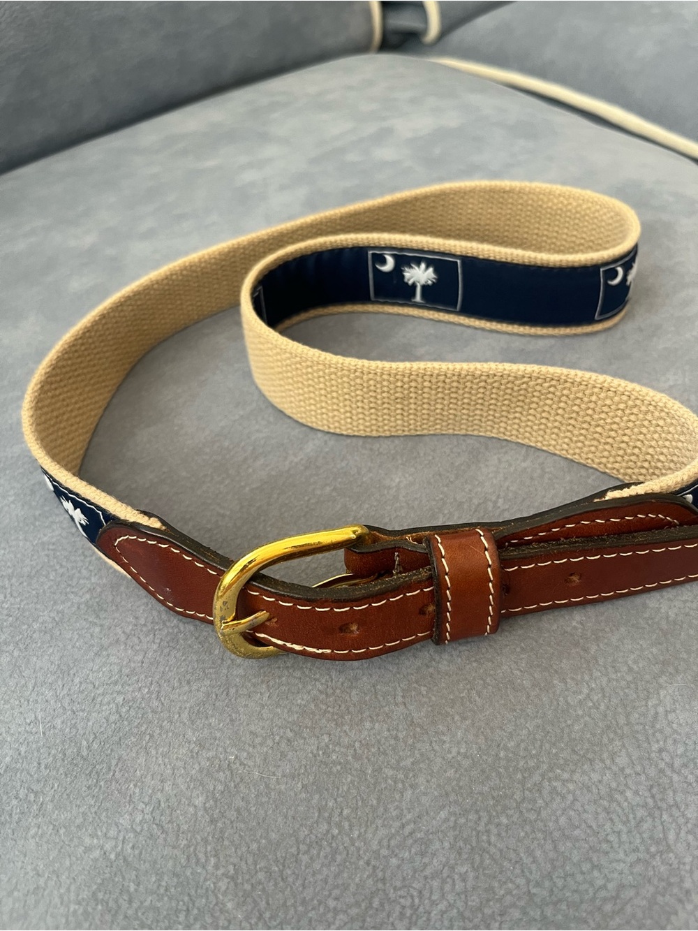 Canvas and Leather Men's Belt - Tan with Navy Palm Motif